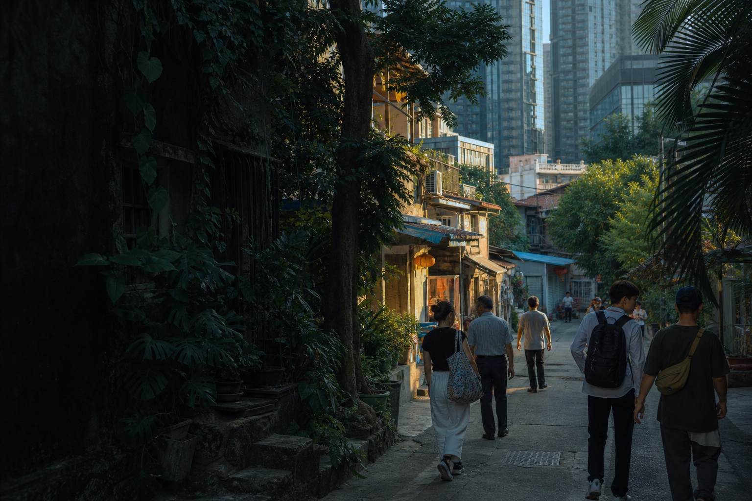 人们穿行在新旧建筑交叠的深圳社区巷道